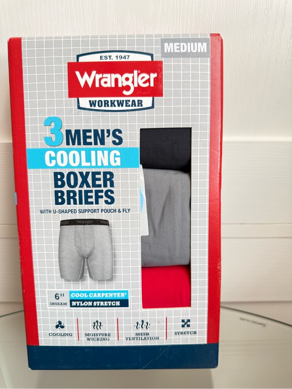 Wrangler 3-Pack Men's Cooling Boxer Briefs in Black, Gray & Red
